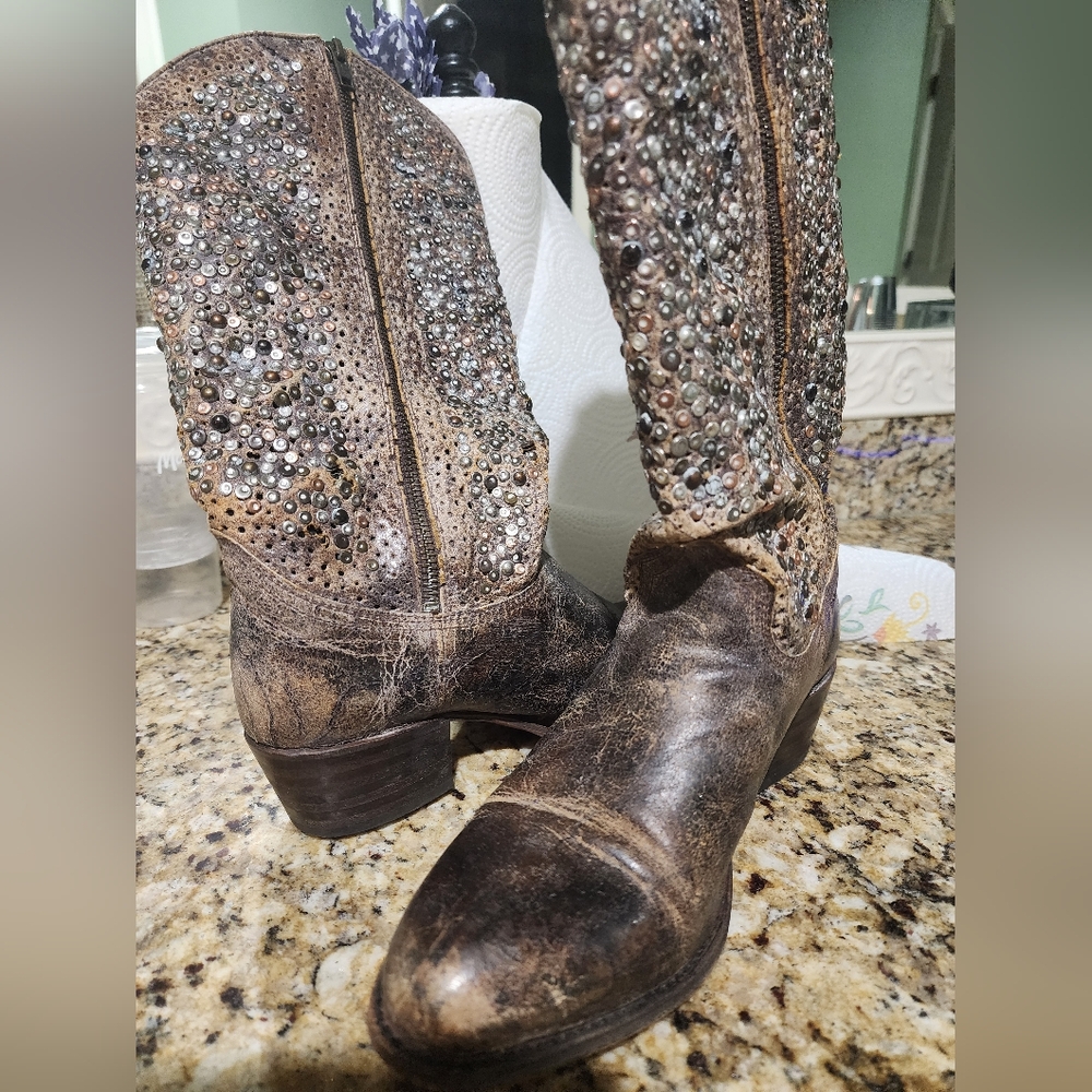 Frye Deborah Studded Brown Biker/Western Cowboy knee-hi Boot